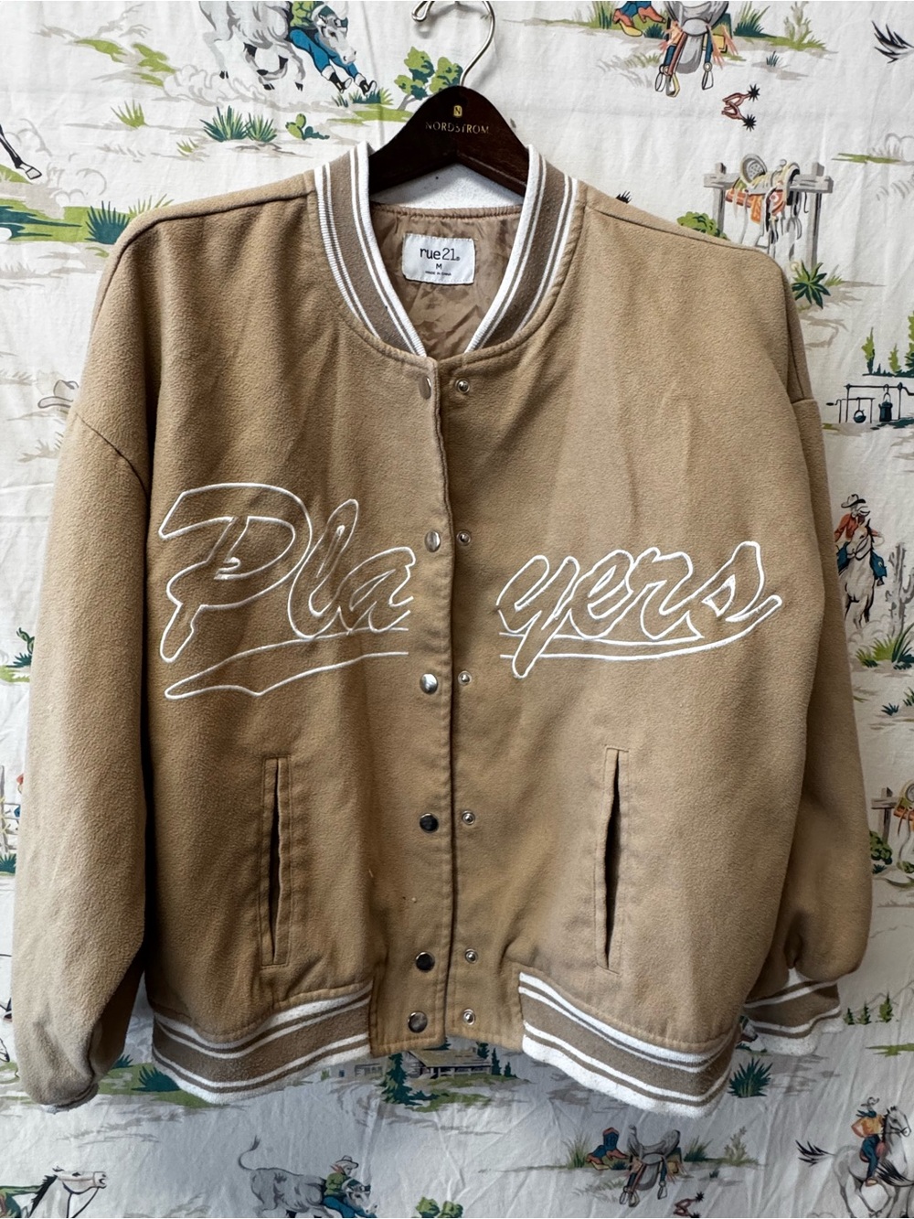 rue21 Men's Tan 'Players' Varsity Jacket size medium